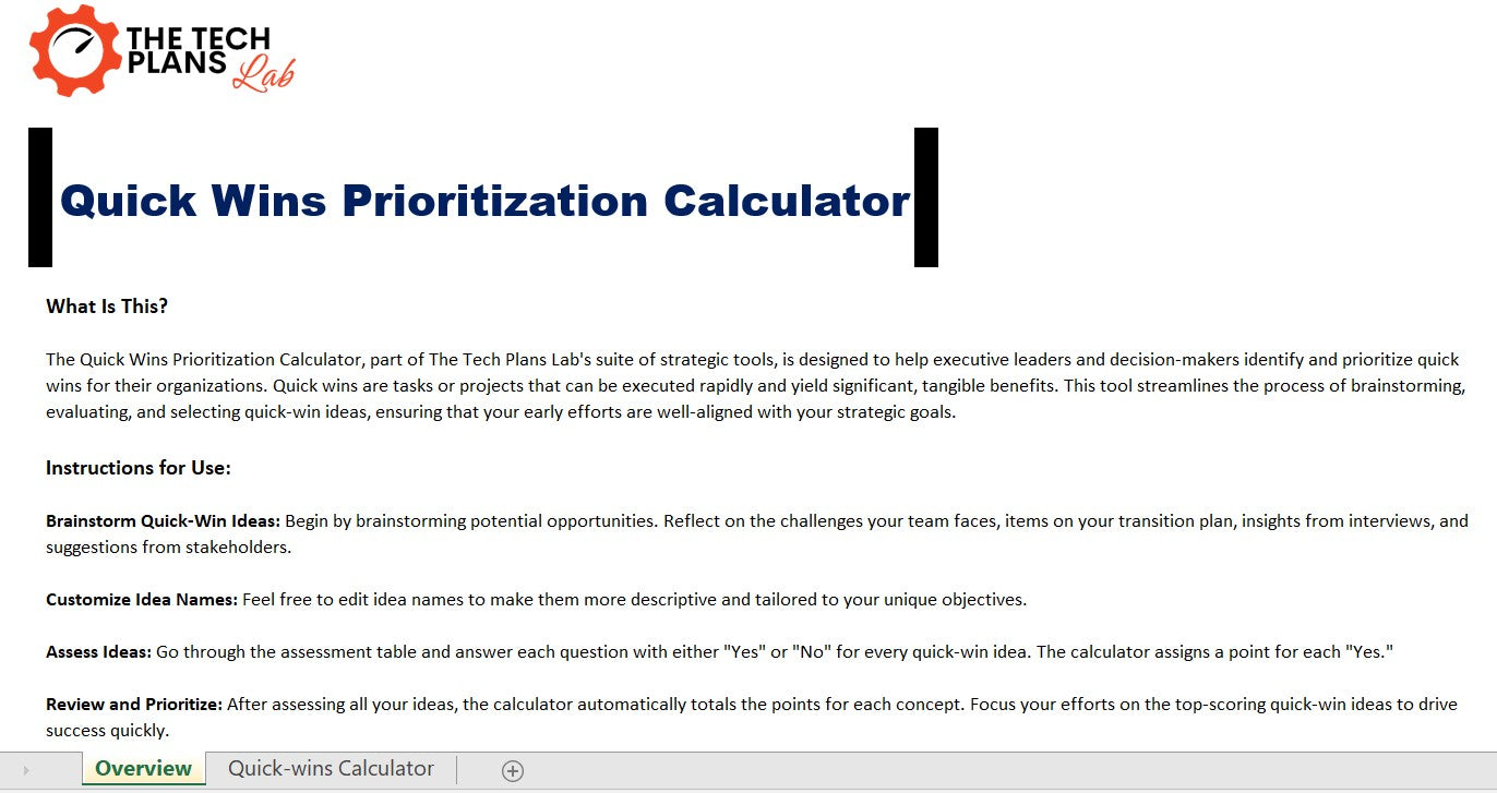 Quick Win Problem Solving Quick Wins Calculator | Free Resources | The Tech Plans Lab